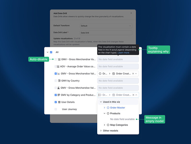 Date drill enhancement with auto-disabled checkboxes and helper messages