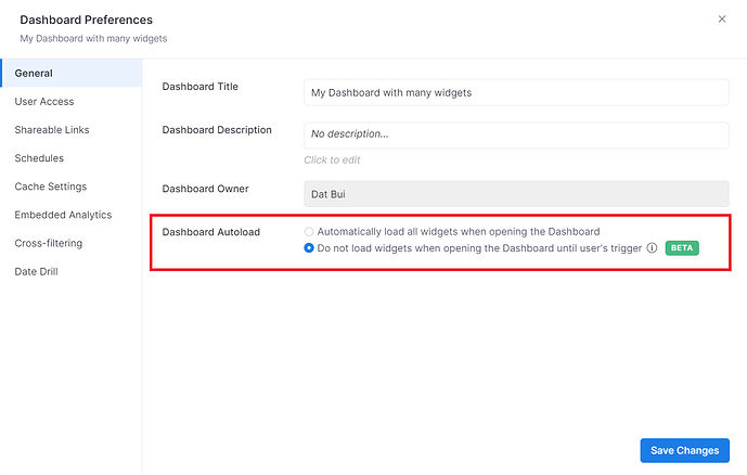 Disable Dashboard Autoload setting in Dashboard Preferences